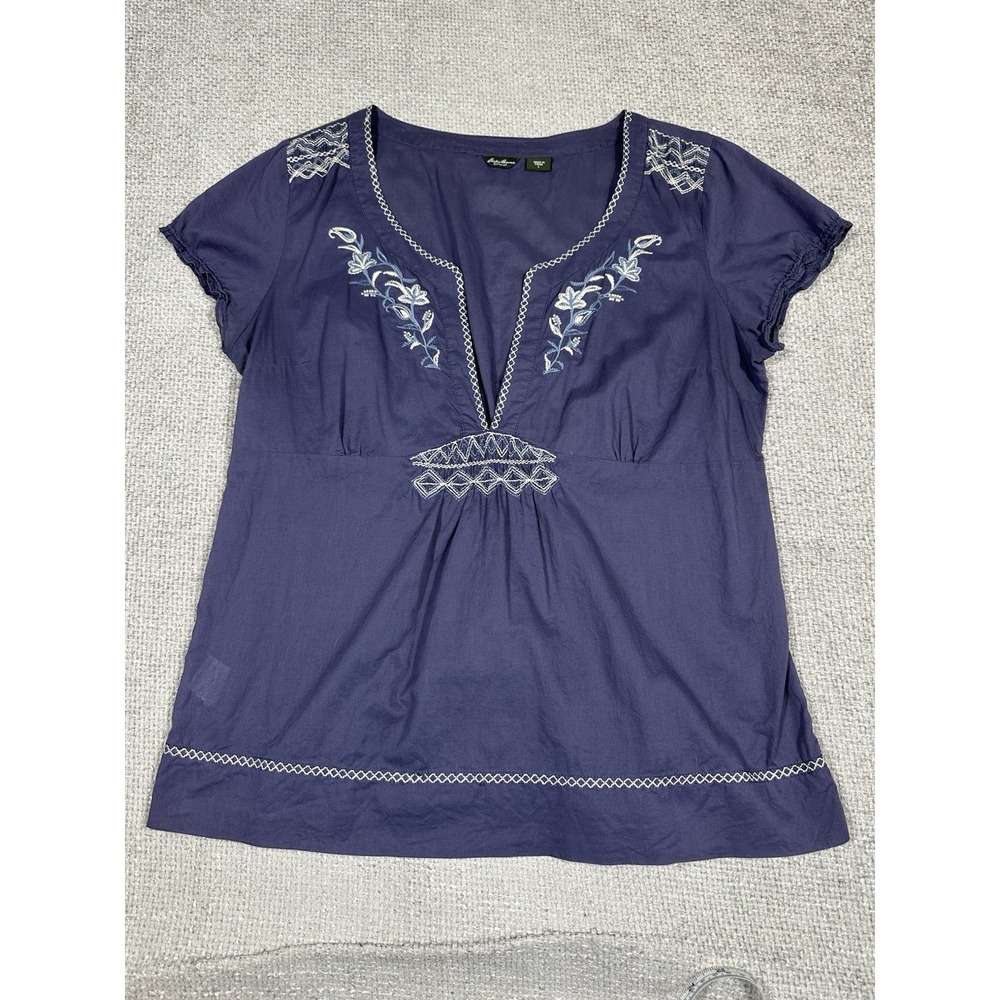 Eddie Bauer Top Womens Large Blue Y2K Grunge Boho Cottagecore Embroidered